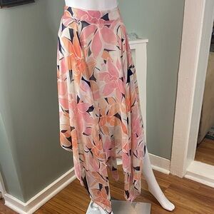 NWT New Zoey & Leelo Floral Pink Orange Asymmetrical Skirt Chiffon Sheer Large